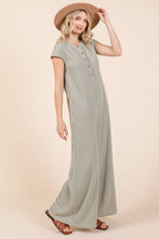 Waffle Knit Henley Short Sleeve Wide Leg Jumpsuit