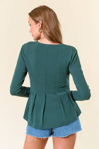 Soft Fleece Knit Round Neck Pintuck Peplum Top