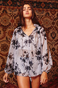 Lurex Chiffon Floral Blouse With Ruffled Neck