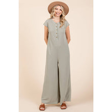 Waffle Knit Henley Short Sleeve Wide Leg Jumpsuit