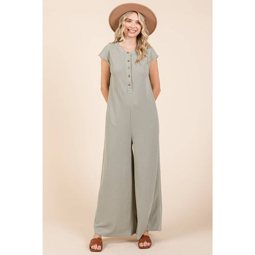Waffle Knit Henley Short Sleeve Wide Leg Jumpsuit