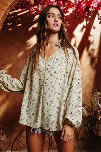 Smoked Stand Collar Floral Print Blouse