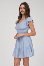 V NECK SHORT SLEEVE RUFFLE DETAIL SHIRRED MINI DRE: PINK