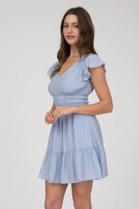 V NECK SHORT SLEEVE RUFFLE DETAIL SHIRRED MINI DRE: PINK