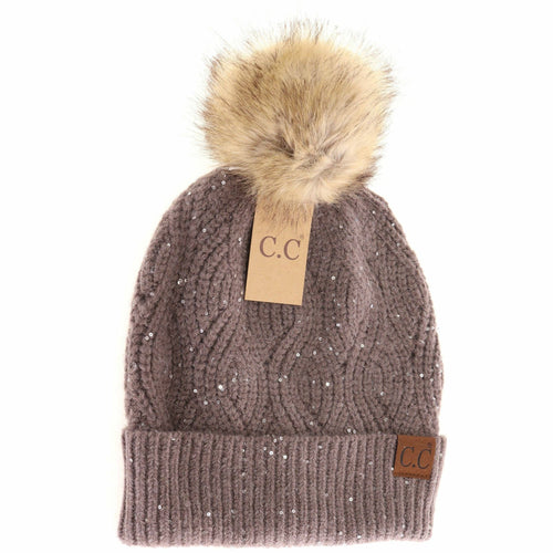 Sequin Brioche Cable Knit Fur Pom C.C Beanie: Earth Grey