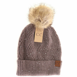 Sequin Brioche Cable Knit Fur Pom C.C Beanie: Earth Grey