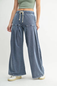 Cotton Blend Mineral Wash Wide-Leg Pants: DENIM BLUE / S:M:L (2:2:2)