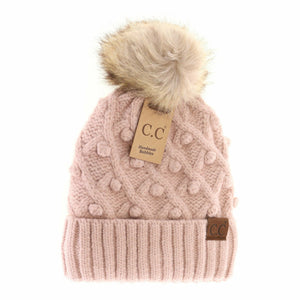 Bobble Knit Fur Pom C.C Beanie: Rose