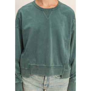 Oversized Crew Neck Sweatshirt With Raw Hem - Deep Green
