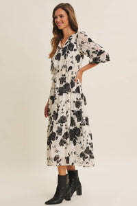 Dreamy Jacquard Floral Midi Dress w/ Statement Sleave