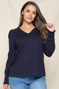 Plus Puff Sleeve Smocked V-Neck Top in Navy