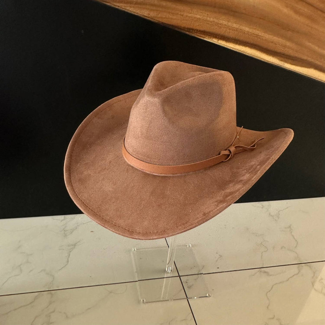 Fashion Vegan Suede Cowboy Hat w/ Leather Belt - Brown