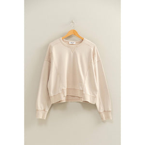 Oversized Crew Neck Sweatshirt With Raw Hem - Dark Taupe