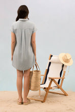 Stripe Chambray Collared Cuff Sleeve Mini Dress