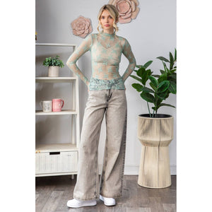 Lace Long Sleeve See Through Top: Sage / M