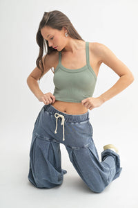 Cotton Blend Mineral Wash Wide-Leg Pants: DENIM BLUE / S:M:L (2:2:2)