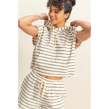 DZ25C099-Striped Short Sleeve Pullover Hoodie Top: BLACK/CREAM / S-M-L(2-2-2)