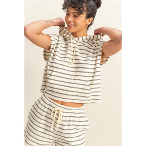 DZ25C099-Striped Short Sleeve Pullover Hoodie Top: BLACK/CREAM / S-M-L(2-2-2)