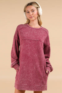 Mineral Washed Oversized Knit Sweatshirt Mini Dress: Magenta