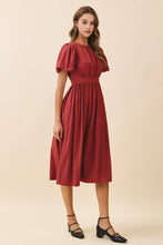 Voluminous Puff Sleeves Gathered Bodice Midi Dress