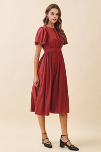 Voluminous Puff Sleeves Gathered Bodice Midi Dress