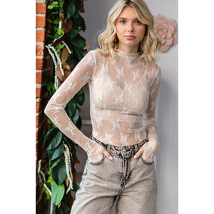 Lace Long Sleeve See Through Top: Sage / M