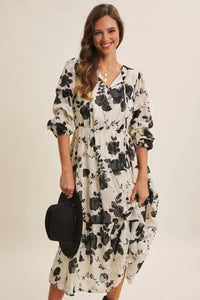 Dreamy Jacquard Floral Midi Dress w/ Statement Sleave