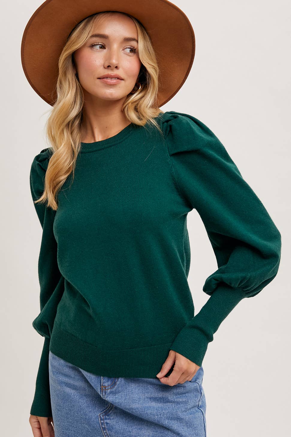 Bubble Sleeved Sweater Knit Top - Green