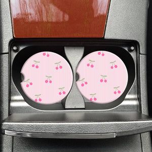Seersucker Pink Cherries Car Coasters, Coquette Car Coasters