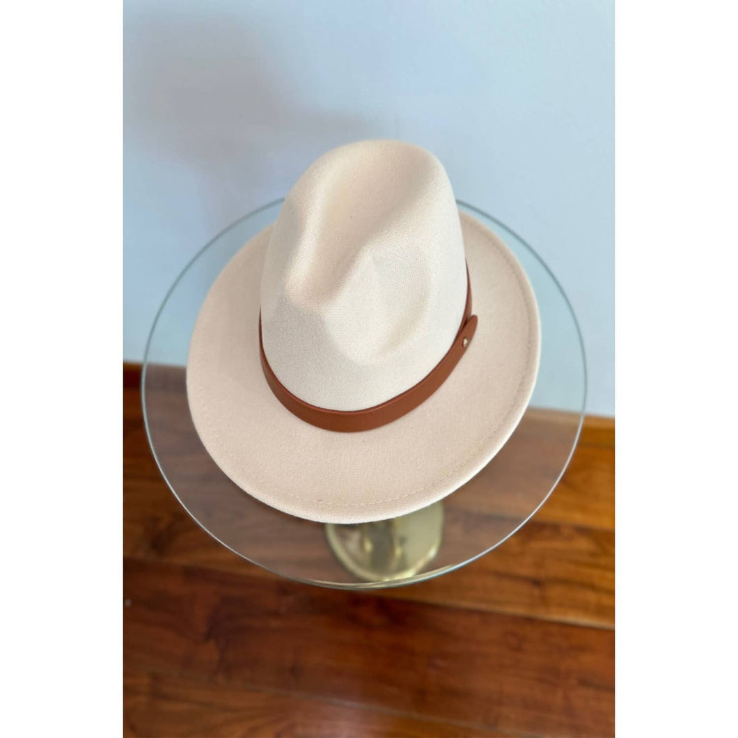 Classic Fedora Hat with Leather Belt: IVORY