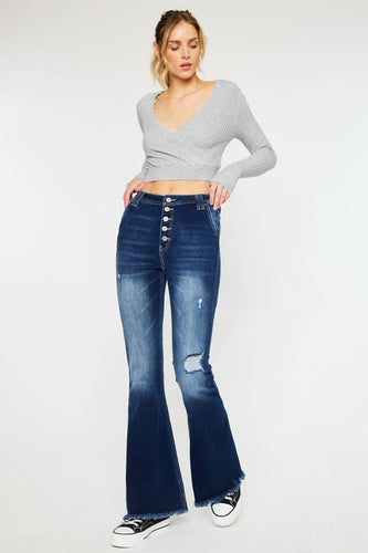 KanCan High Rise Exposed Button Flare Jeans