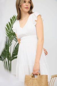 V NECK SHORT SLEEVE RUFFLE DETAIL SHIRRED MINI DRE: PINK