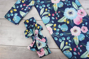 Infant Girls Navy Floral Baby Gown and Bow Headband