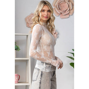 Lace Long Sleeve See Through Top: Sage / M