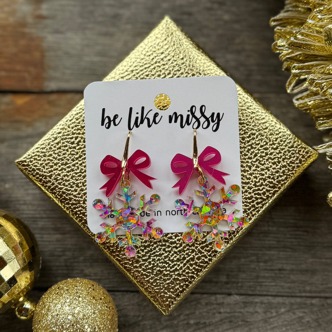 Snowflake Bow Earrings - Disco Glitter - Christmas Earrings