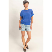 Open-Knit Dolman Sleeve Top: COBALT