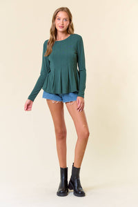 Soft Fleece Knit Round Neck Pintuck Peplum Top