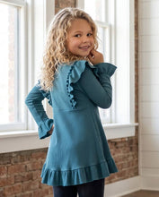 Kids Dark Teal Blue Ribbed Long Sleeve Button Ruffle Shirt: 2