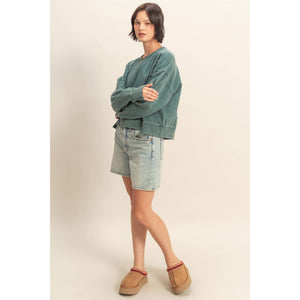 Oversized Crew Neck Sweatshirt With Raw Hem - Deep Green