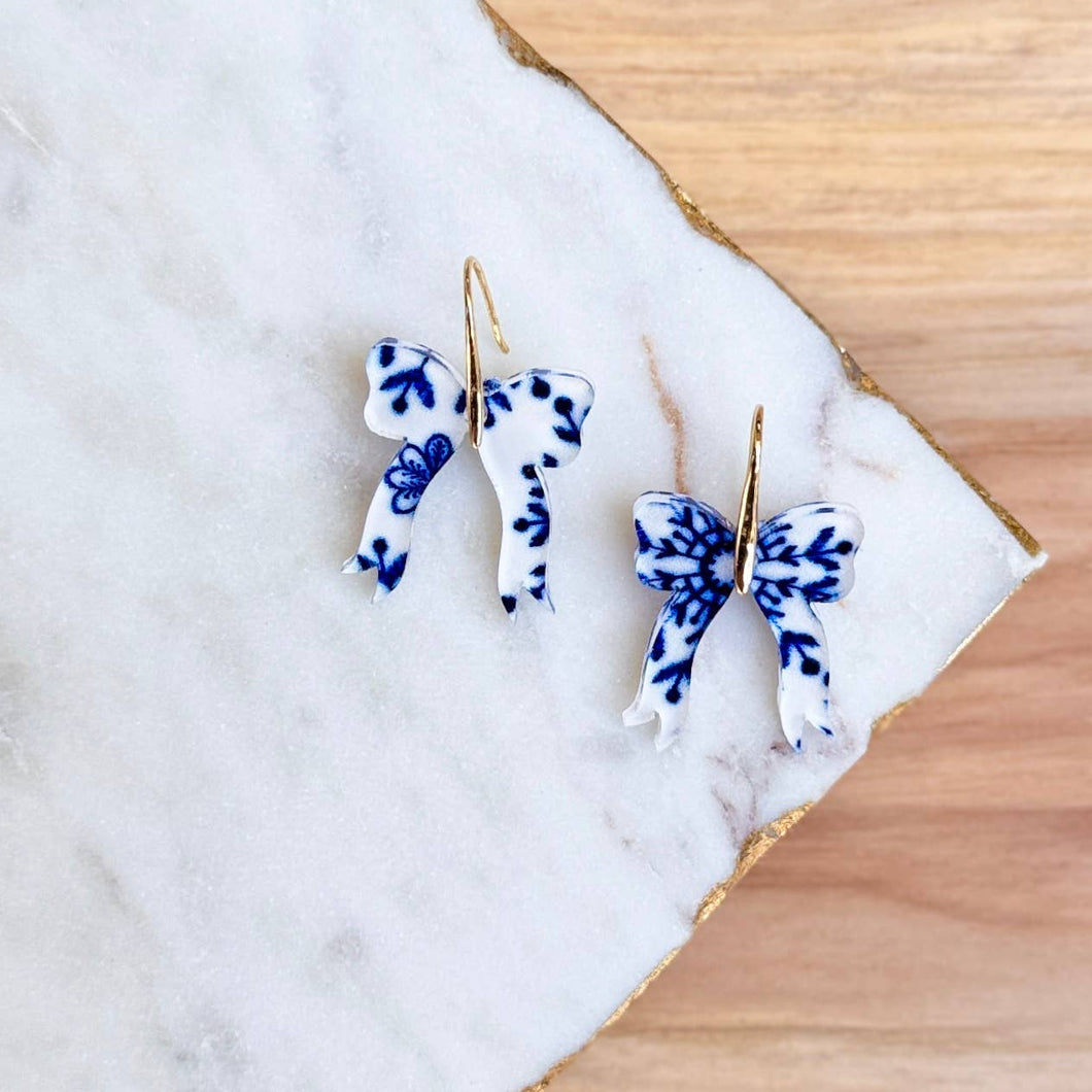 Audrey Bow Earrings - Blue and White - Acrylic Earrings