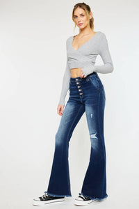 KanCan High Rise Exposed Button Flare Jeans