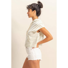 DZ25C099-Striped Short Sleeve Pullover Hoodie Top: BLACK/CREAM / S-M-L(2-2-2)