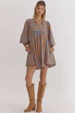 Stripe Print Babydoll 3/4 Sleeve Mini Dress