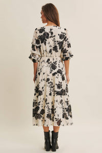 Dreamy Jacquard Floral Midi Dress w/ Statement Sleave