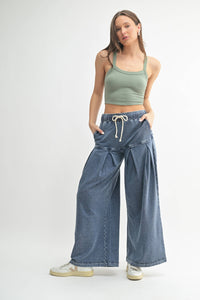 Cotton Blend Mineral Wash Wide-Leg Pants: DENIM BLUE / S:M:L (2:2:2)