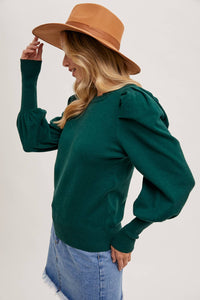 Bubble Sleeved Sweater Knit Top - Green