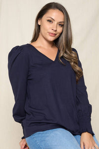 Plus Puff Sleeve Smocked V-Neck Top in Navy