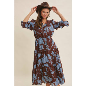 Dreamy Jacquard Floral Midi Dress w/ Statement Sleave