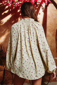 Smoked Stand Collar Floral Print Blouse