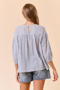 Dropped Shoulder 3/4 Sleeve Striped Blouse